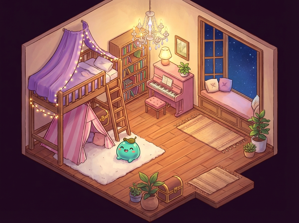 An illustrated room with a happy teal creature — Room Pet's digital twin of a clean kid's room