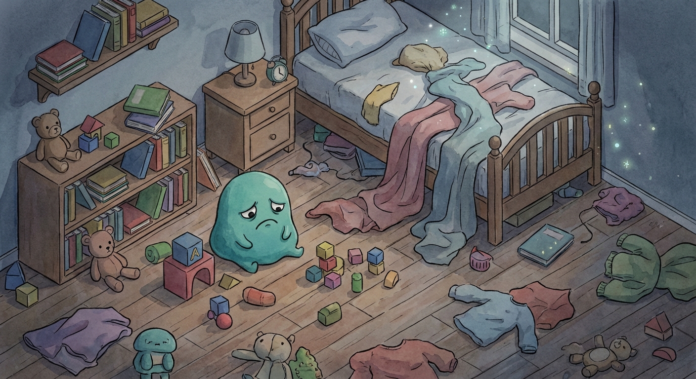 Messy room with a sad creature